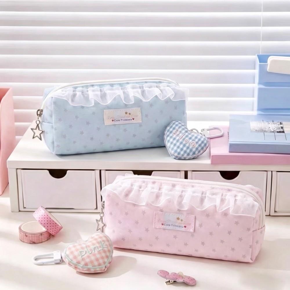 Ruffle Lace Design Pen Bag Large Capacity Stationery Organizer Makeup Storage Pouch Student Use