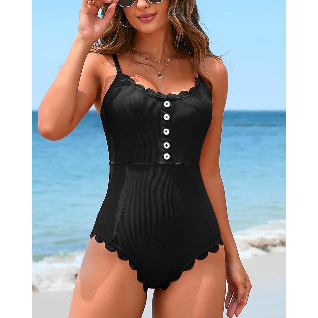 CHARMLEAKS Женские цельные купальники, купальные костюмы в рубчик, купальный костюм с отделкой гребешком, купальный костюм с деталями на пуговицах