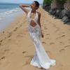 White Hollow Out Sexy See Through Dress For Women Sleeveless Slim High Waist Patchwork Backless Beach Long Dresses Lady Elegant Evening Dress Femme