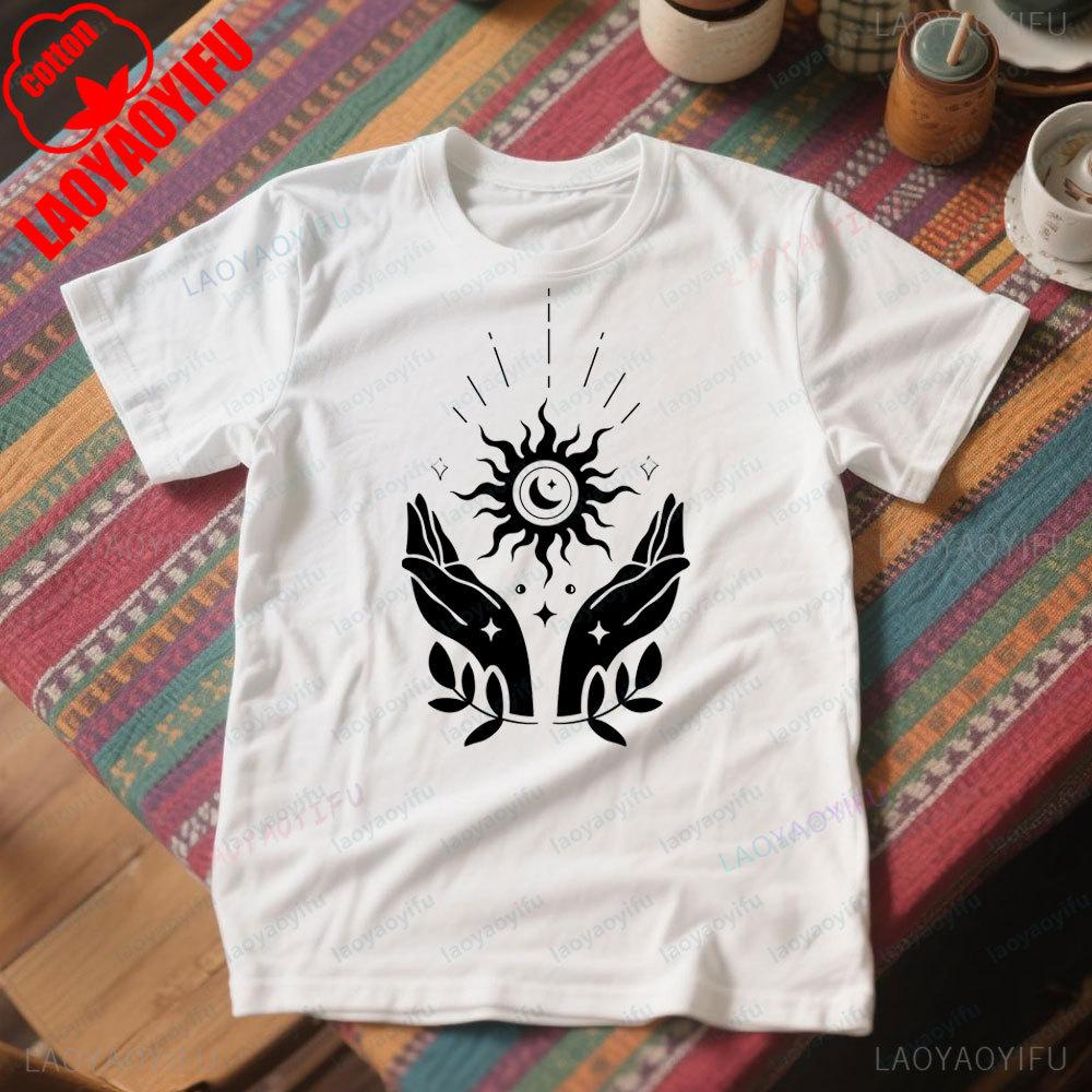 Boho Sun Moon Hands Nature TShirt Celestial Graphic Tee Men Women Casual Crewneck Cotton Shirt Creative Pattern Streetwear