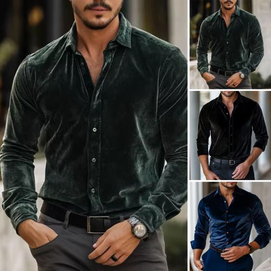 Мужская бархатная рубашка с длинными рукавами, на пуговицах, с отворотами, однотонная, повседневная, формальная, для вечеринок, свиданий, офиса.