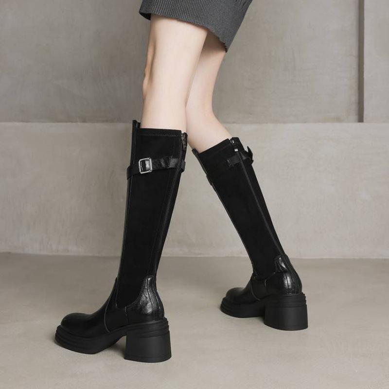 Новые женские ботинки Мартина на толстой подошве с задней молнией, однотонные, с круглым носком, на высоком каблуке, больших размеров, кожаные ботинки, осенне-зимние, на квадратном каблуке, высокие