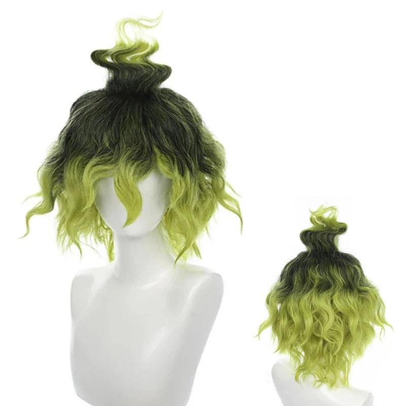 Gyutaro Shabana Cosplay Wig Daki Brother Black Green Curly Hair Anime Upper Rank 6 Wigs + Wig Cap