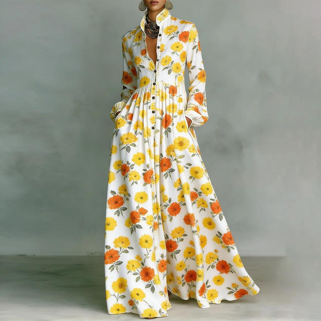 Women's Fashionable Stand Up Collar Long Sleeved Floral Print Waist Slimming Retro Casual Vacation Dress