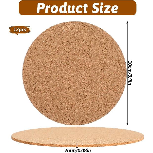 12Pcs Cork Coasters, 4" Self-Adhesive Cork Backing for Coasterss, Natural Brown Coaster for Drinks in Office, Home or Cottage
