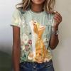 Футболка с рисунком цветов и листьев для женщин, мультяшный кот с 3D-принтом, короткие рукава, летняя футболка для отдыха, топы с круглым вырезом, футболки