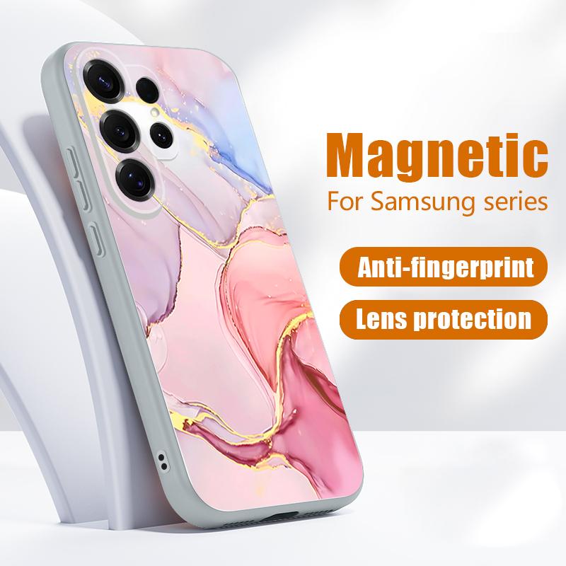 Магнитный Чехол Для Magsafe Для Samsung Galaxy S26 Ultra S25 Edge S24 Plus S23 FE S22 A54 A55 A56 5G Розовый Мраморный Рисунок Матовая Крышка
