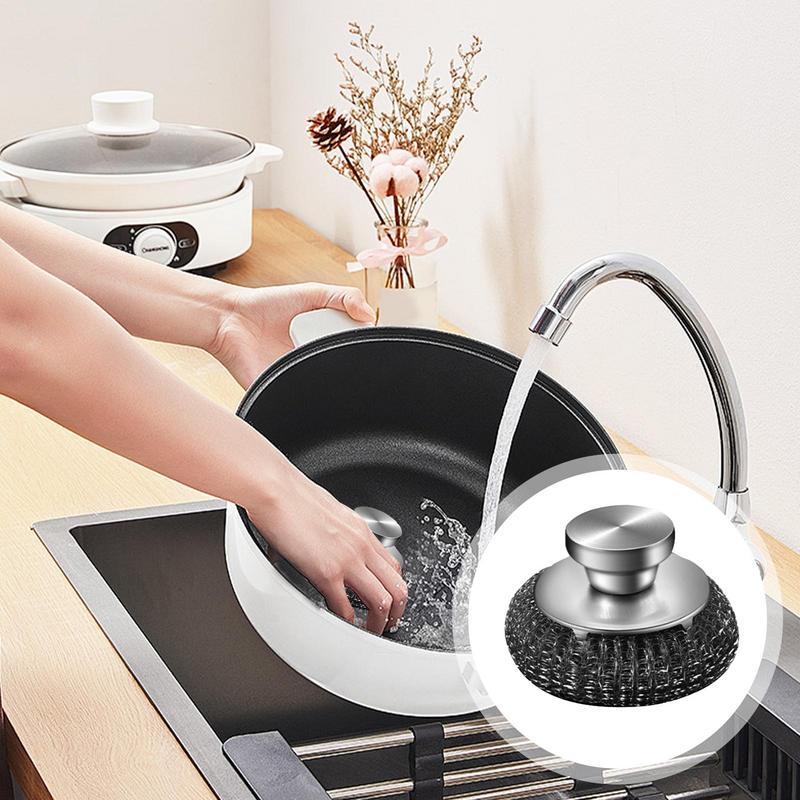 Kitchen Stainless Steel Washing Brush Metal Sponge Scrubber with Handle for Dishes Pots Pans Grills Sink Cleaning Tools