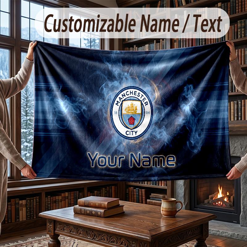 Custom Name Flannel Throw Blanket Manchester City Pattern Warm Home Decoration