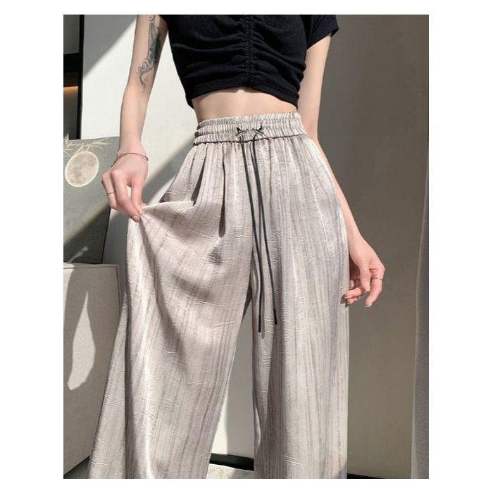 Брюки широкие из ледяного шелка, сатина с принтом тушью, летний тонкий стиль 2025, прохладный плиссированный драпированный дизайн в стиле Ямамото.