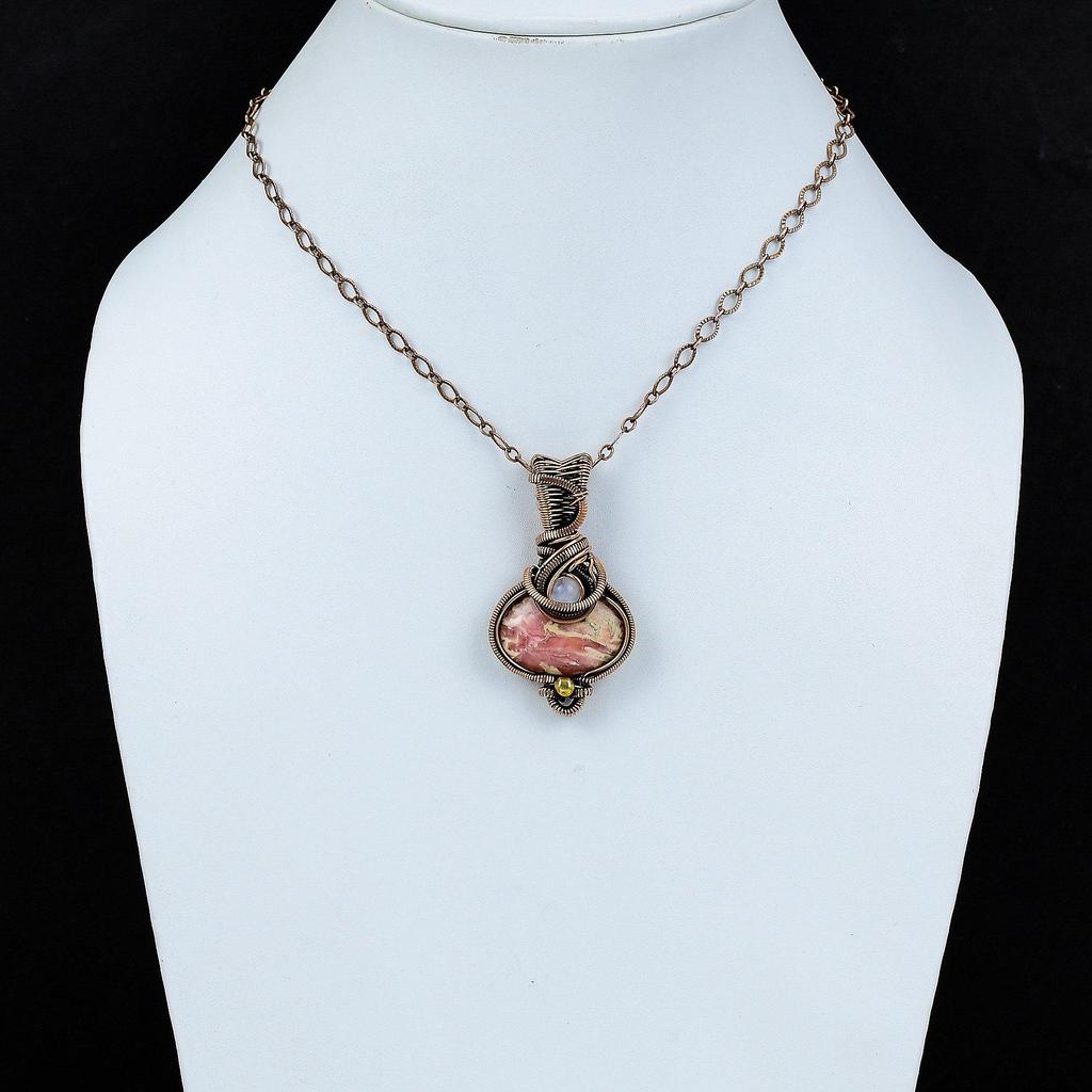 Родохрозитовый кулон, радужная подвеска из лунного камня, медная проволока, обернутая в кулон, уникальная подвеска, медные украшения для подарка, ювелирные изделия из драгоценных камней ручной работы