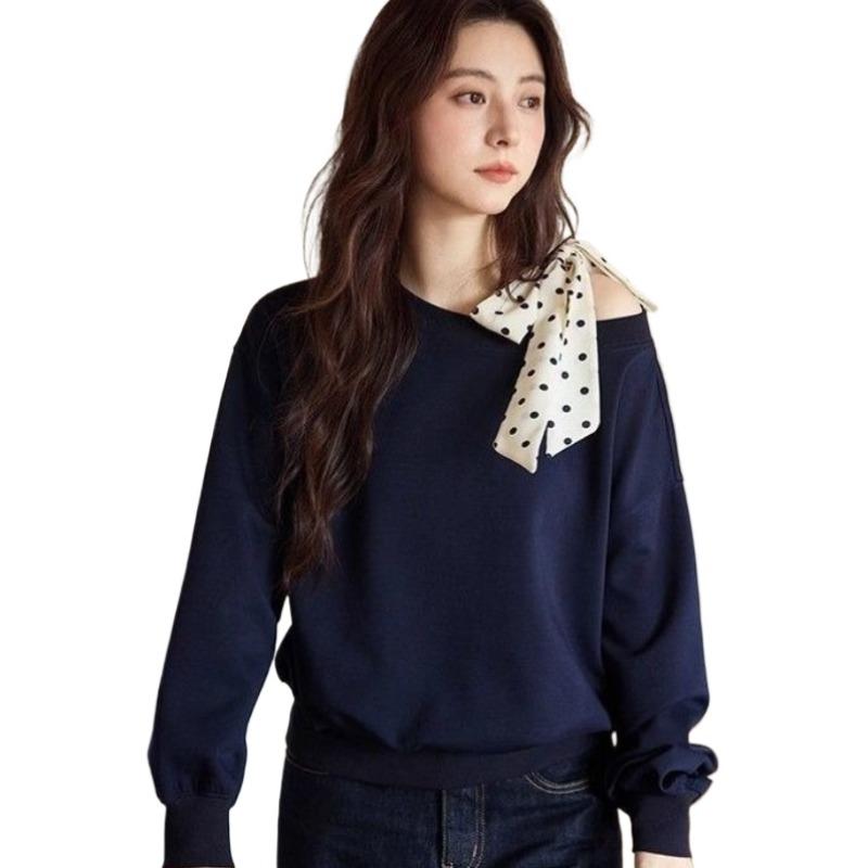 Ladies' Polka Dot Lace Up Sweatshirt Women's Slash Neck Long Sleeved Pullover Autumn New Version Loose Casual Style Top