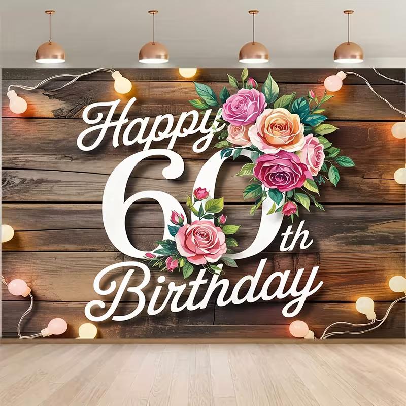 2D 60th Birthday Banner Rustic Wooden Floral Background for Women 60th Birthday Party Decoration