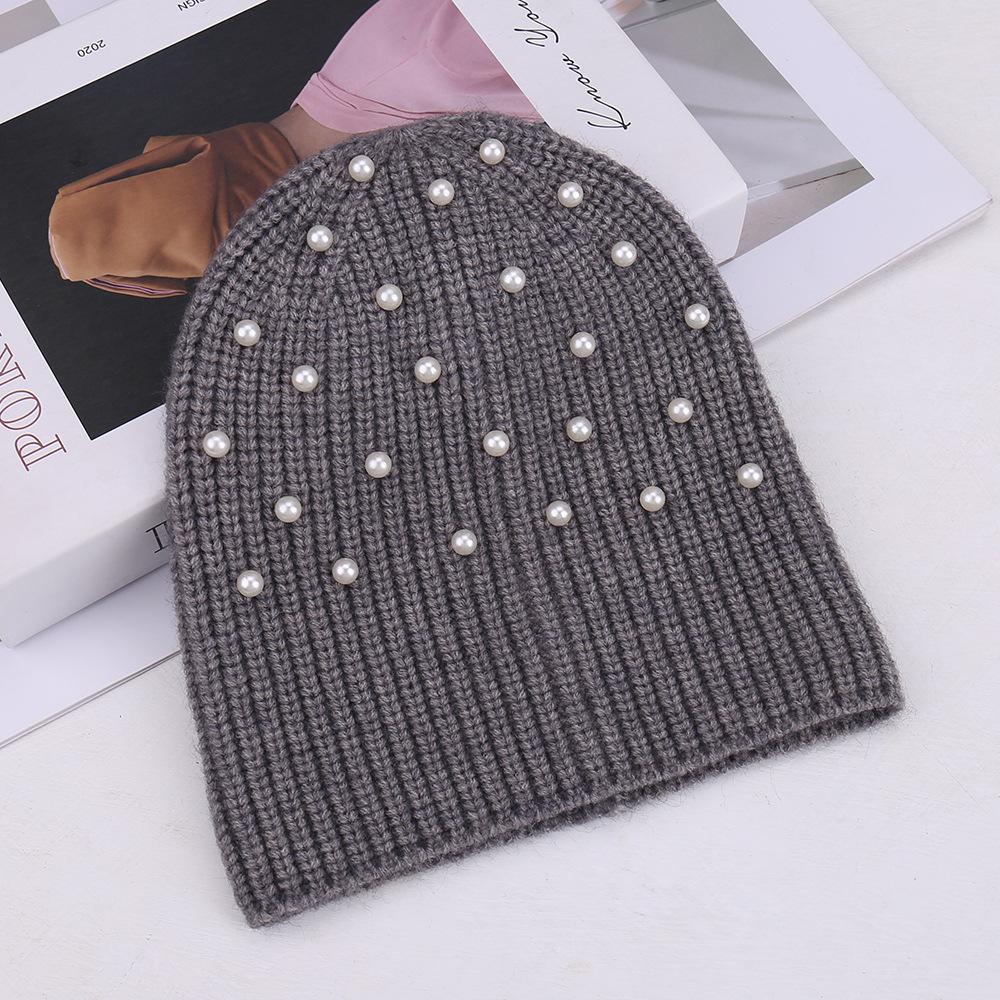 New fashionable solid color simple pearl decoration warm knitted hat outdoor travel casual versatile comfortable wool hat