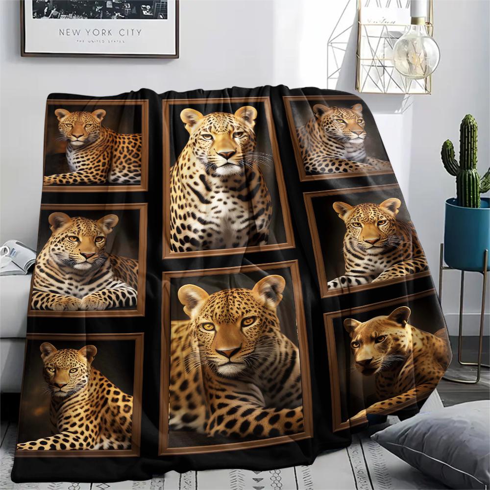 1Pc Lepoard Puzzle Print Flannel Blanket, High quality Comfortable for All Seasons, Home Decor, Warmth and Comfort, Perfect for Christmas Gifts