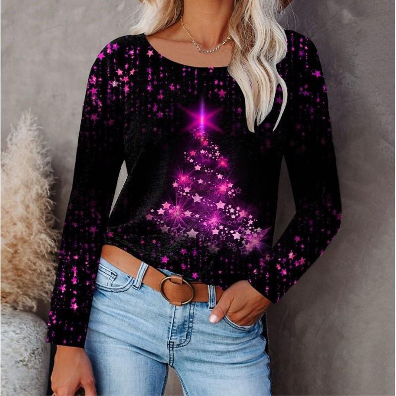 Womens Long Sleeve Loose Fit Christmas Tree Print T-Shirt Casual Round Neck Tee 2025 Fall