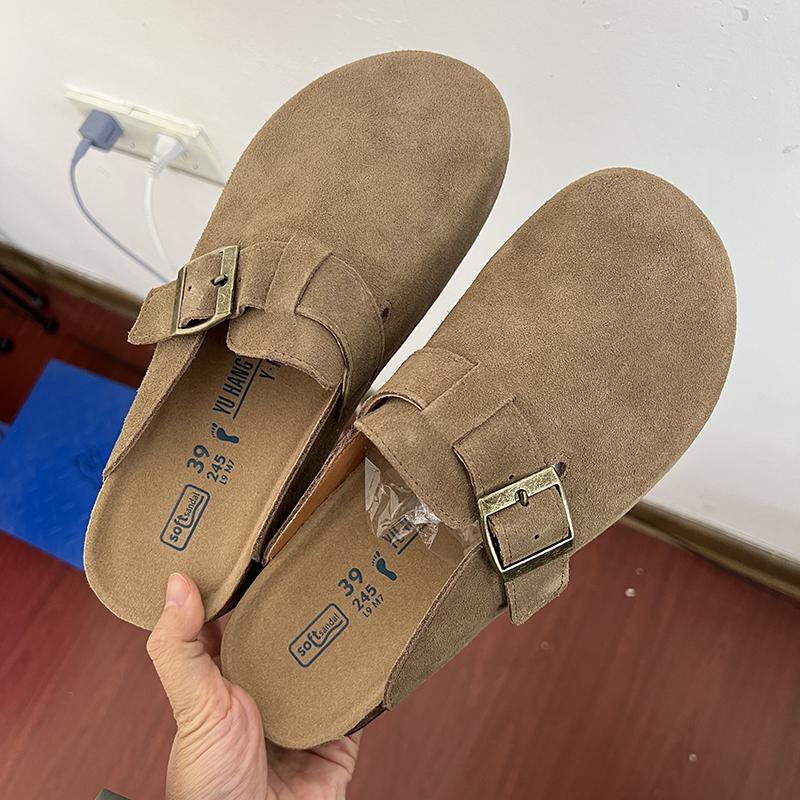 Модные женские тапочки с закрытым носком из коровьей замши, пробковые сандалии для женщин, ретро-модные садовые мюли, женские тапочки