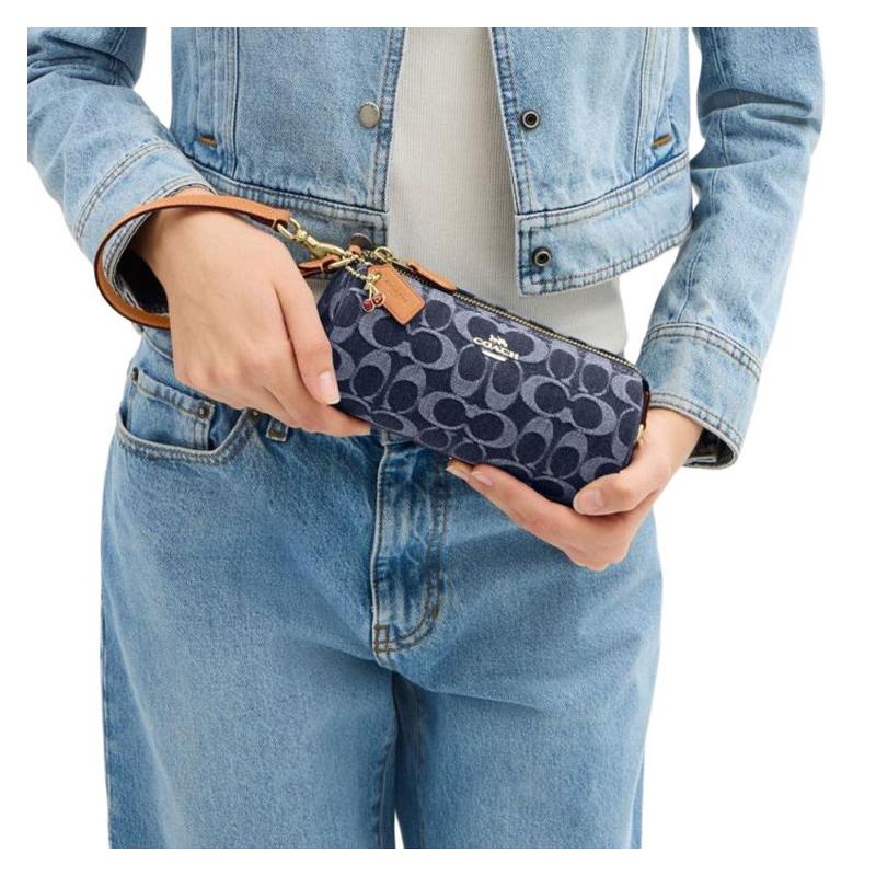 COACH Nolita 20 Classic Logo Zipper Closure Fabric Cylindrical Shoulder Bag Small Women's Denim Blue and Natural