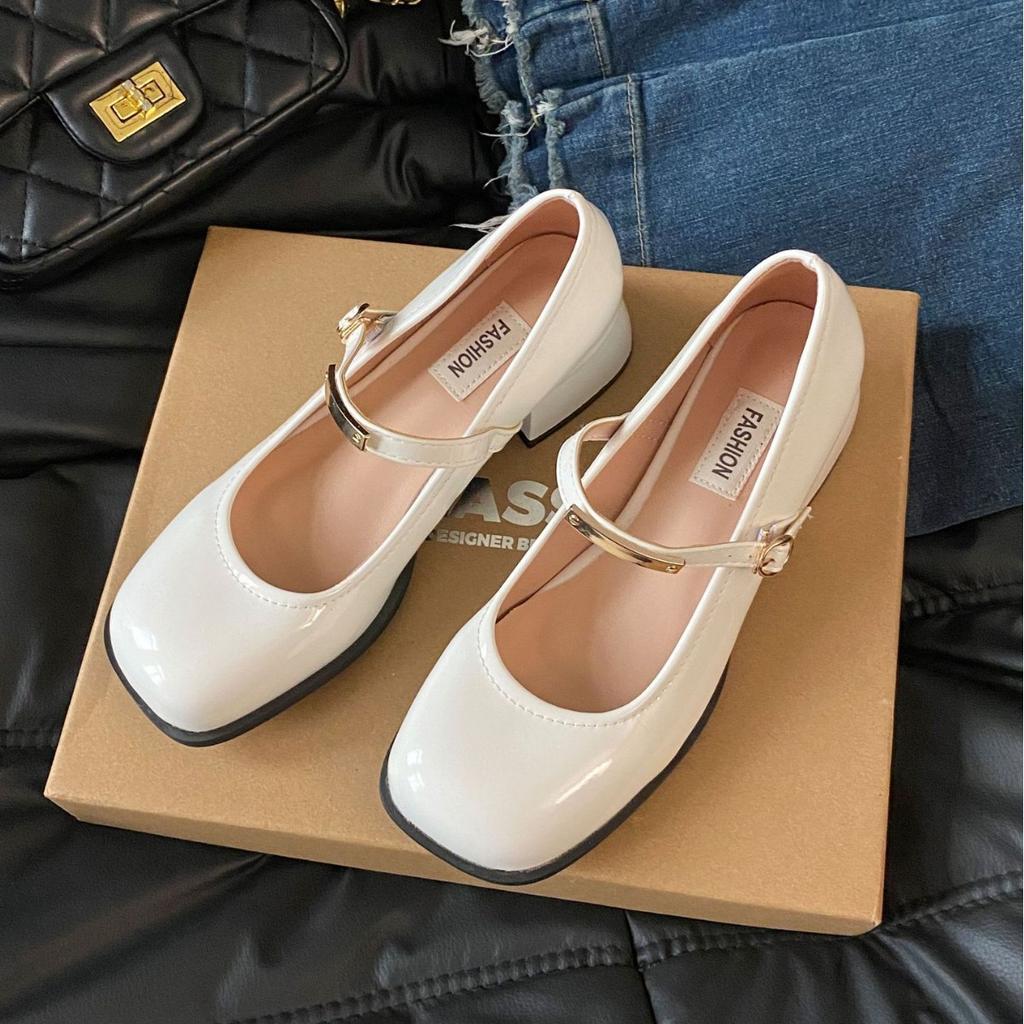 Mary Jane Shoes Women's New Waterproof Table One-word Buckle with Square Head Shallow Mouth Single Shoes In Autumn and Winter 2025