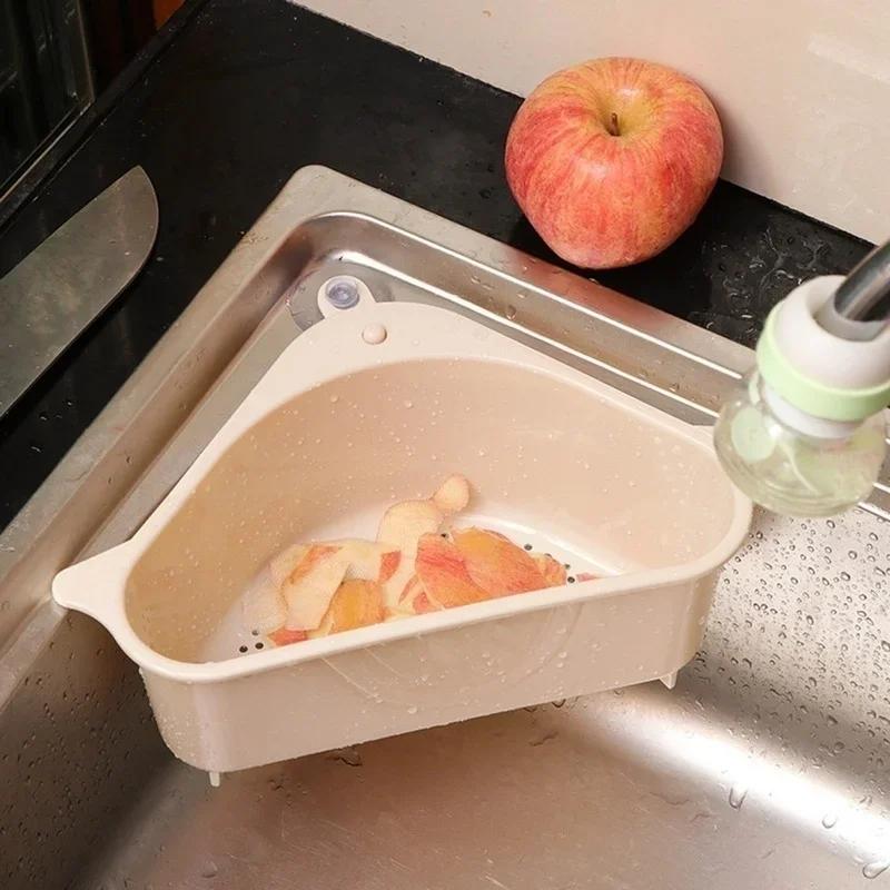 Multifunctional Kitchen Sink Drain Rack With Sucker Triangle Hollow Fruit Sundry Storage Baskets Home Convenience Small Tools