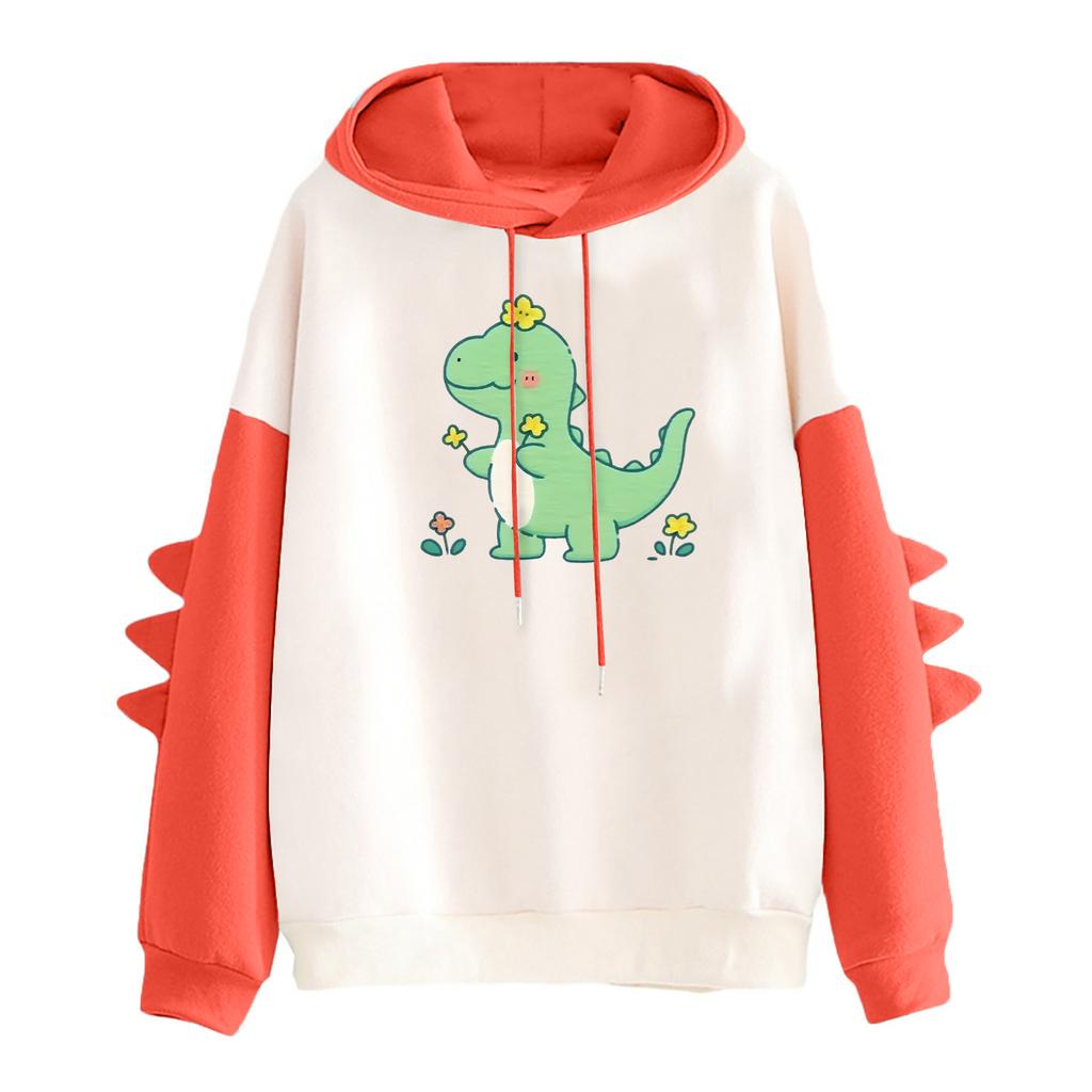 Women's Printed Contrasting Dinosaur Loose Casual Hoodie