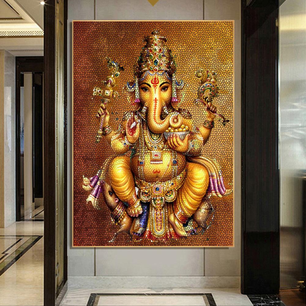 Ганапати Ганеш, картина на холсте из драгоценных камней, религиозная золотая фреска, поклонение индуистским богам, богиням и богам для украшения дома