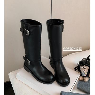 Ретро Сапоги Женские Сапоги 2025 Новые Каблук Круглый Носок Сборка Вестерн Сапоги Плиссированные Сапоги-трубы Рыцарские Сапоги