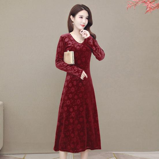 Женское осенне-зимнее платье с v-образным вырезом, плотное трапециевидной формы, облегающее платье длиной до середины икры с длинными рукавами и аппликацией, женское платье-миди