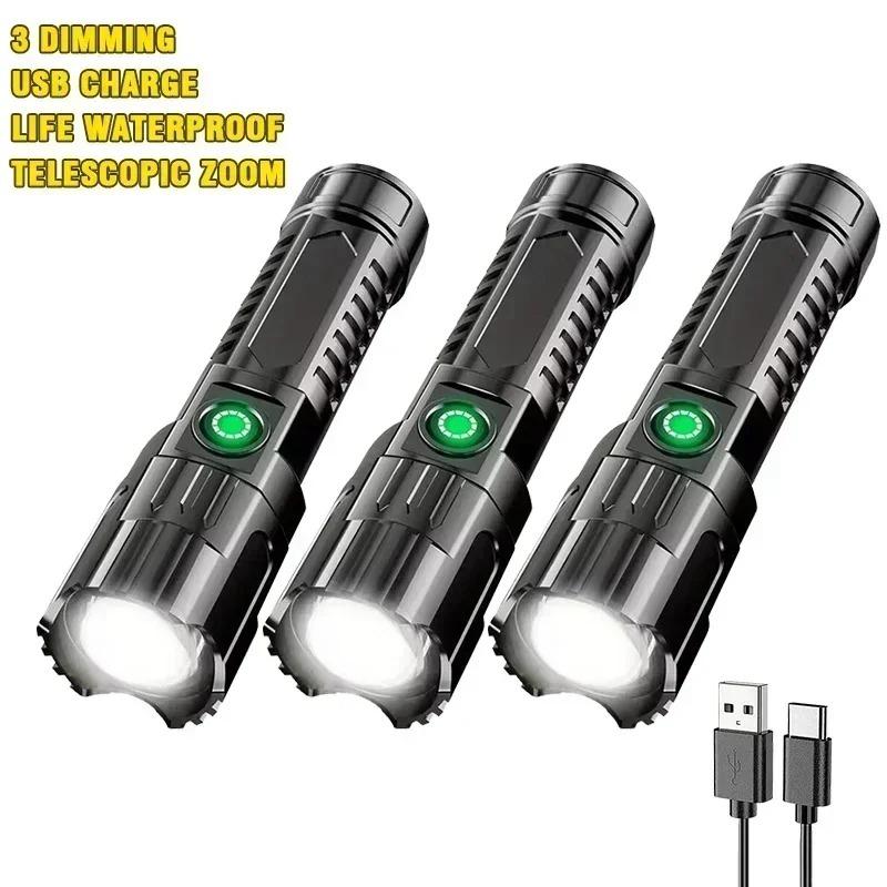 Мощный светодиодный фонарик, USB-перезаряжаемый тактический зум-фонарик, встроенный аккумулятор, мощный инструмент для наружного освещения для кемпинга