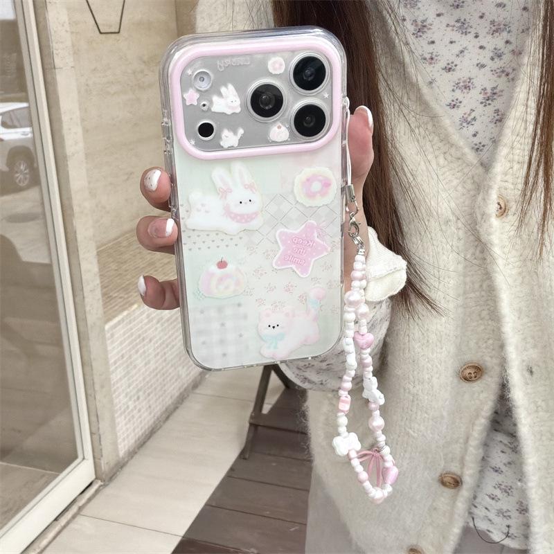 Girly Heart and Flower Patchwork Rabbit Puppy Phone Case for iPhone 17/16 Pro Max/15 Pro.