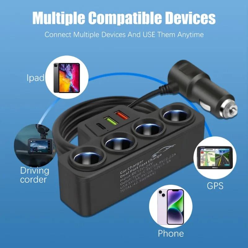 7in1 Cigarette Adapter Charger 12V/24V 4-Socket Car Cigarette Lighter Adapter 120W 3.1A USB+QC3.0+PD3.1A Car Charger Accessories