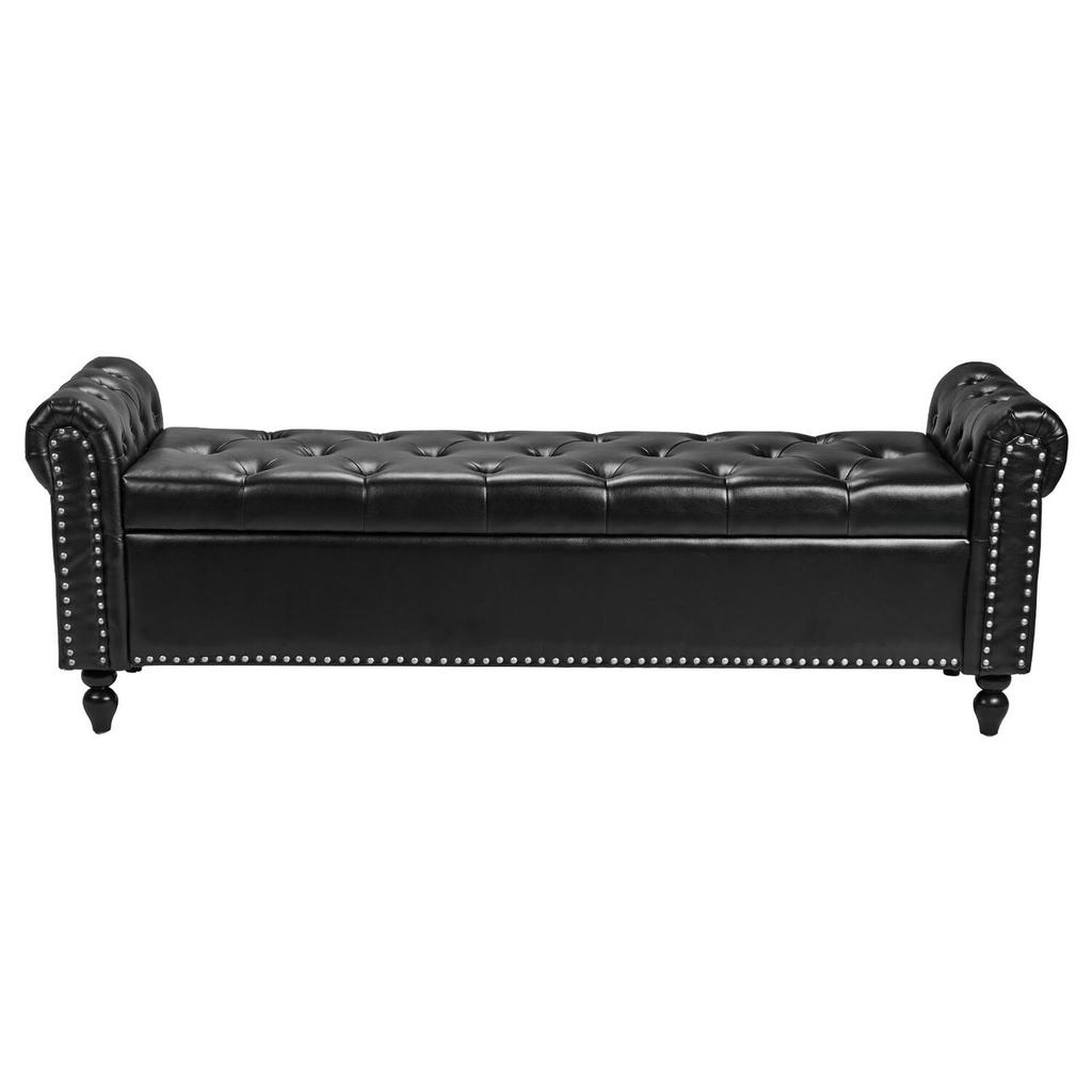Button-Tufted Storage Ottoman Bench, Rolled Arm PU Leather Bench with Solid Wood Legs, Modern Shoe Benches Seat for Entryway, Upholstered End of Bed