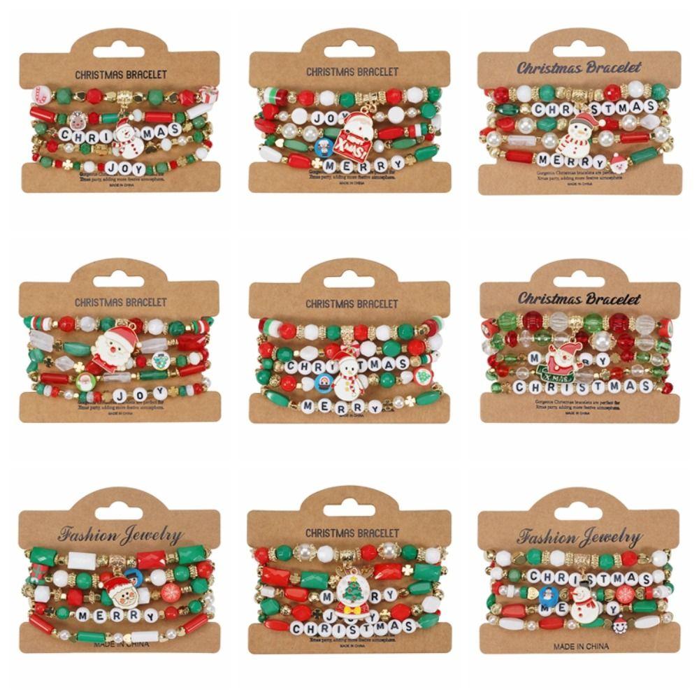5Pcs Snowman Christmas Bracelet Multi-Layer Stacking Rope Chain Bangle Beaded Bracelet Gifts