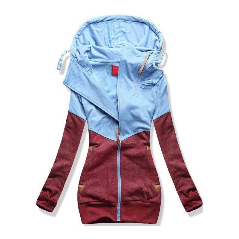 Women's Large Size Hooded Sweatshirt Patchwork Color Pullover Thickened Long Sleeve Hooded Top