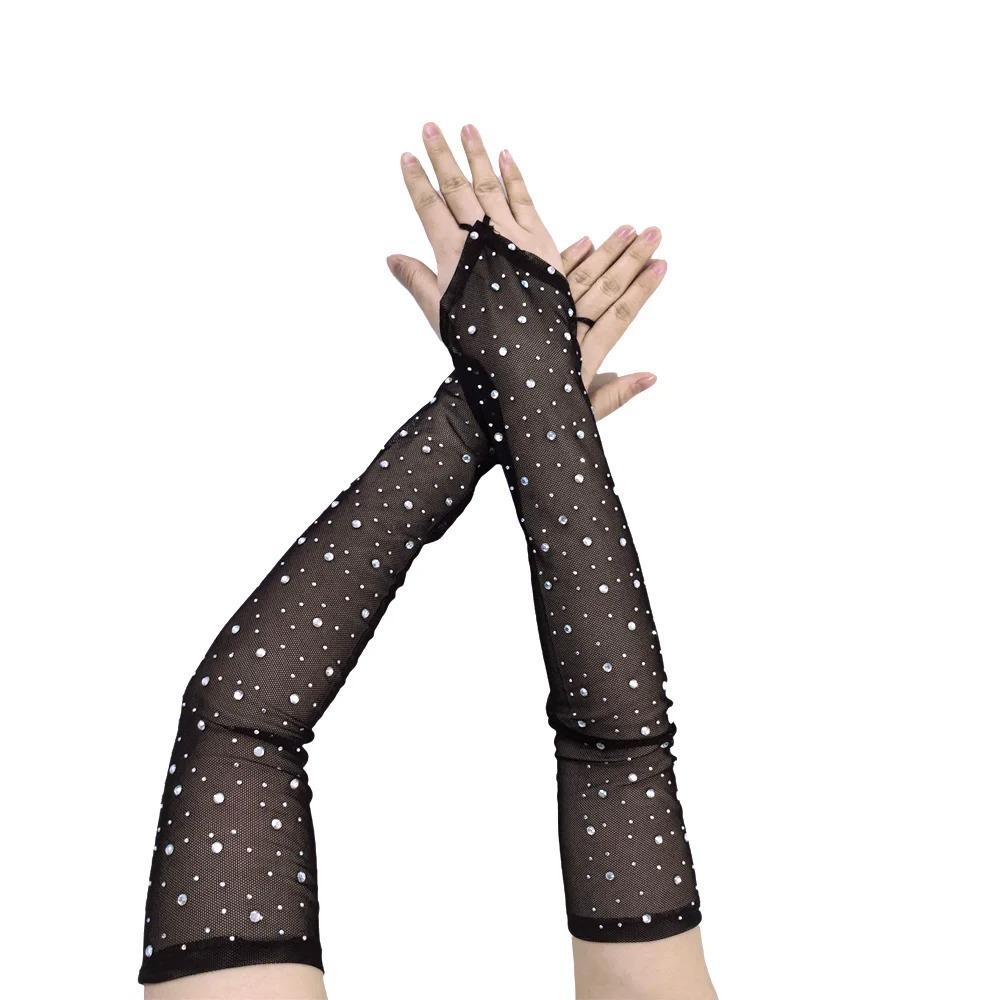 1 Pair Breathable Fingerless Gloves Rhinestone Sunscreen Arm Sleeves Long Elegance Mitten Women