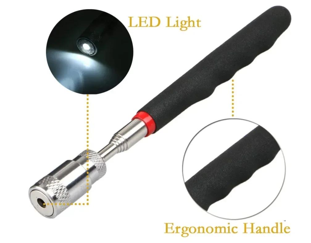 Telescopic Magnetic Iron Suction Rod with LED Light Metal Pick-up Tool DIY Strong Magnetic Metal Screw Suction Rod Pick-up Tool