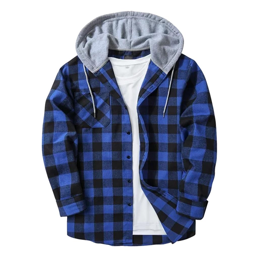 Men's Plaid Shirt Hooded Button Sweatshirt Men's Casual Fashion Sweatshirt