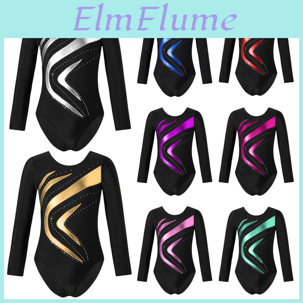 Kids Dance Shiny Girls Leotard Rhinestone Bronzing Cloth Patchwork Design Slim Fit Long Sleeve Top For Ballet Class