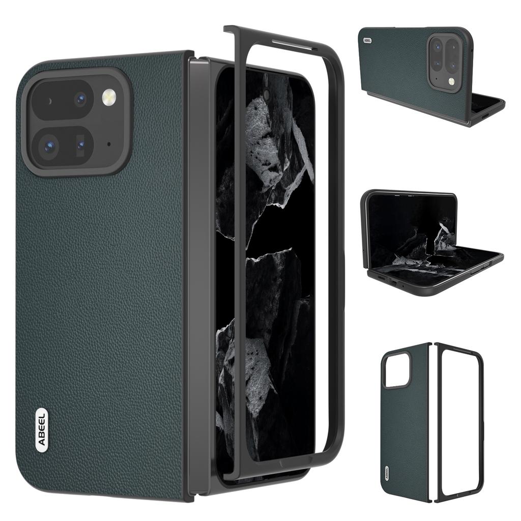 ABEEL For Google Pixel Fold 2 Case Genuine Cow Leather PC Phone Cover Black Edge