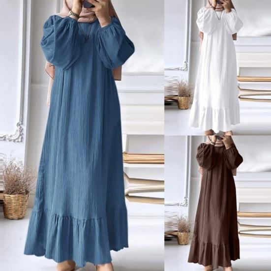 Women Robe Dress Crew Neck Long Puff Sleeves Pure Color Plus Size Patchwork Straight Pullover Casual Middle East Area Traditional Clothes Maxi Dress