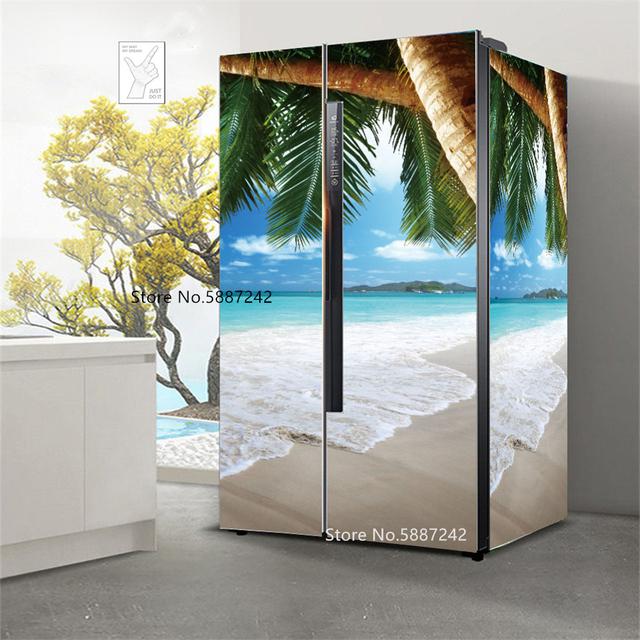 Наклейки на холодильник с морским пейзажем для обоев на холодильник, виниловые самоклеящиеся декорации для пейзажей, пленка для морозильной камеры, пляжная крышка для кухни