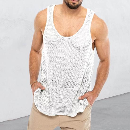 Men Summer Knitted Tops O-neck Sleeveless Solid Color Loose Fit Pullover Tops Stretchy Vest Streetwear