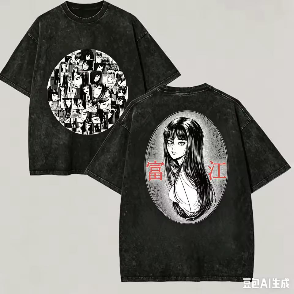 2026 summer Tomie Junji Ito Two Side Vintage Washed Horror Manga Graphic T-Shirt Unisex Oversized Y2K Streetwear Cotton Tee
