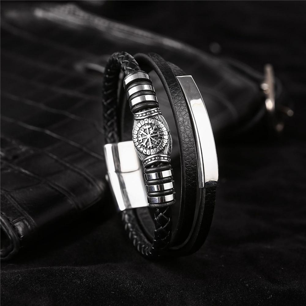 Viking Rune Compass Multi-layer Leather Bracelets Mens Stainless Steel Magnet Clasp Wristband Vintage Norse Male Amulet Jewelry