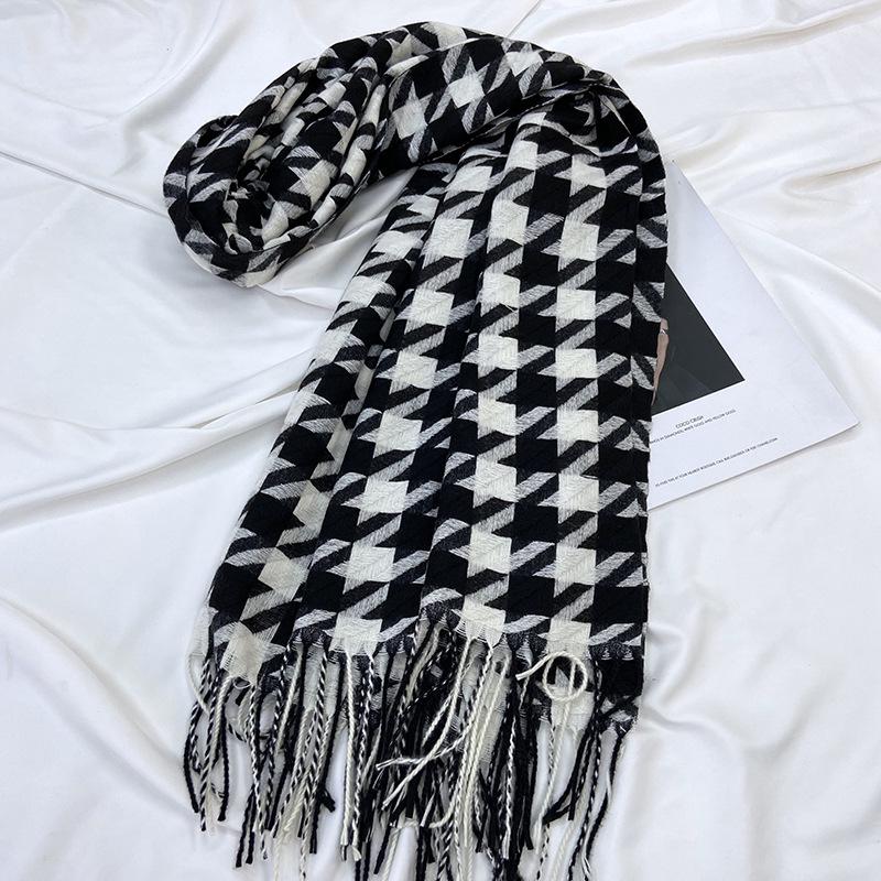 Women's Medium-Length Houndstooth Scarf - Warm, Sweet Style, Imitation Cashmere, Tassel Snood, Thick Shawl