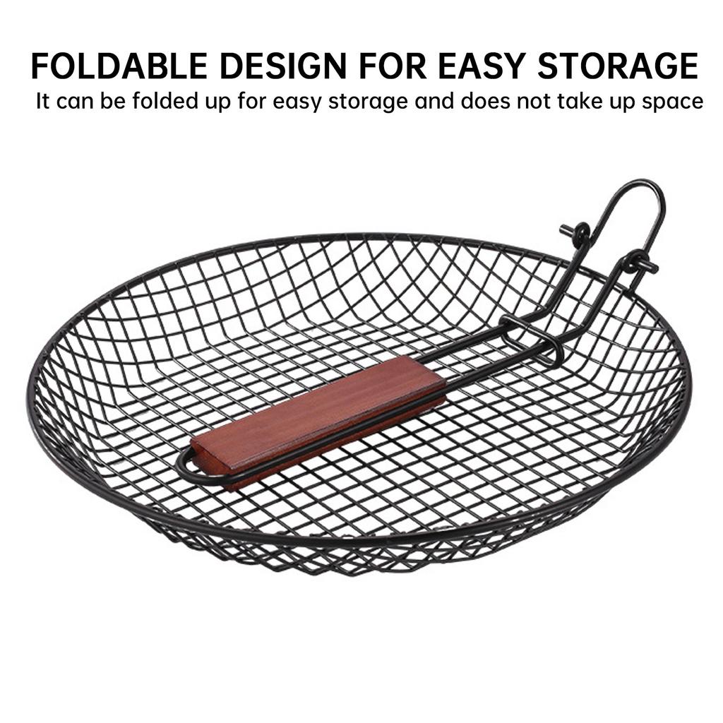 Outdoor Barbecue Stainless Steel Grilling Mesh Foldable Wooden Handle Non-stick Barbecue Basket Picnic Party Barbecue Equipment