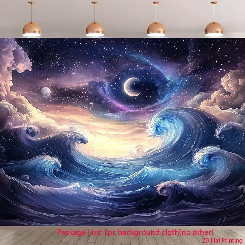 2D Fantasy Ocean Wave Backdrop Purple Starry Sky Moon Photo Background