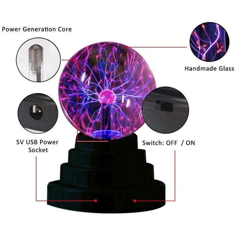 Zerodis Plasma Ball Light USB Globe Night Touch Sensitive Lightning USB/Battery Magic Creative Creative Desktop Decoration for Office, Kids Chi