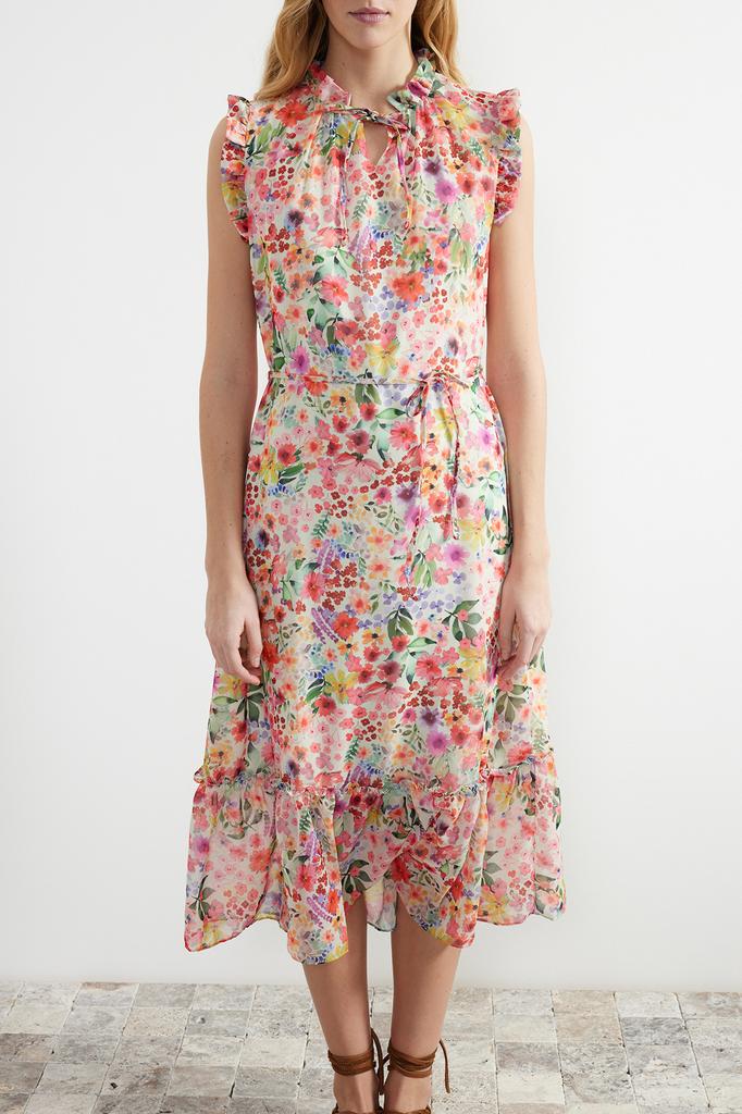 Женское модное новое платье Желтое шифоновое тканое платье трапециевидной формы с цветочным узором на подкладке миди