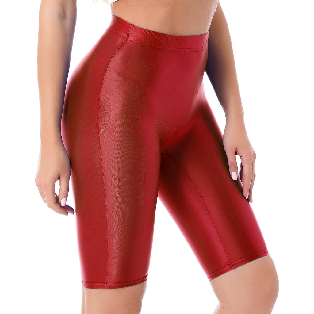 Womens Glossy High Waist Shorts Elastic Waistband Short Leggings Swimwear Workout Sports Bottoms